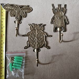 3 Gold Beetle & Lightning Bug Wall Hooks